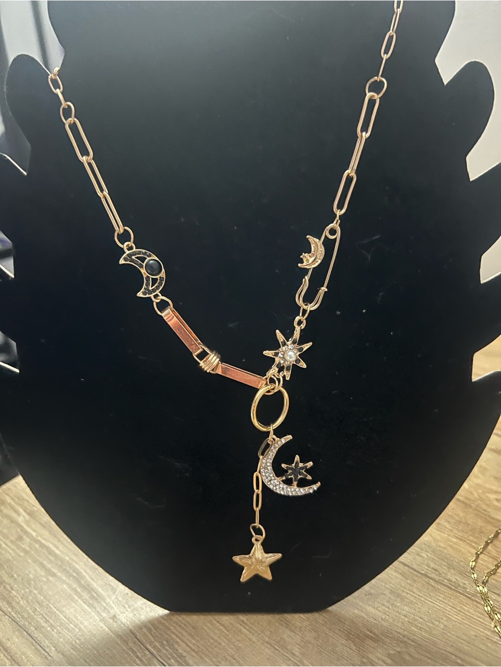 Celestial Moon & Star Charm Necklace Gold Tone Paperclip Chain